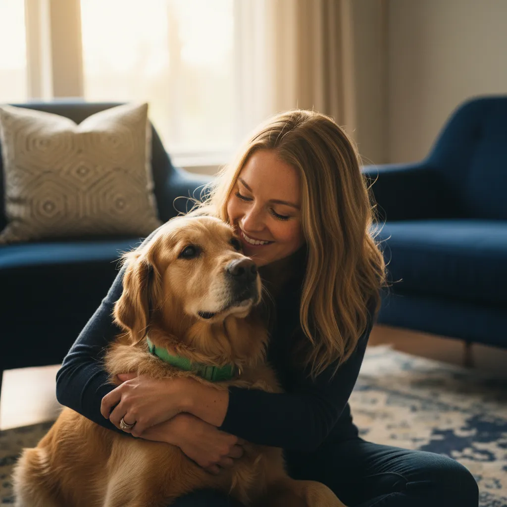 Warm image of a smiling pet owner hugging their dog in a comfortable home