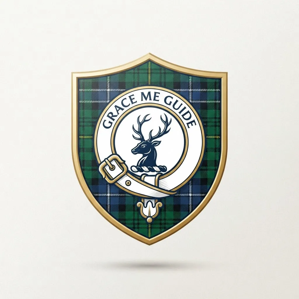 A heraldic shield graphic with a green and blue tartan background. In the center is a white circular belt emblem containing a stylized stag's head profile facing left, with the motto 'GRACE ME GUIDE' written around the top curve of the belt.