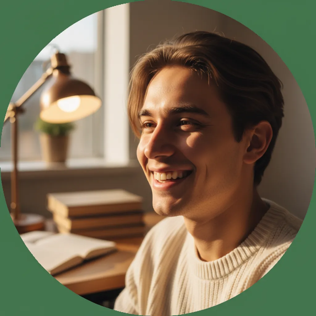 Headshot avatar of a satisfied student writer, smiling, circular crop, natural light, warm tones, testimonial.