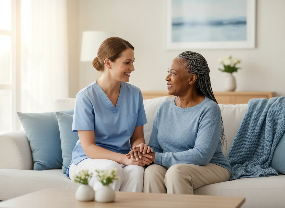 Smiling caregiver supporting an older adult at home