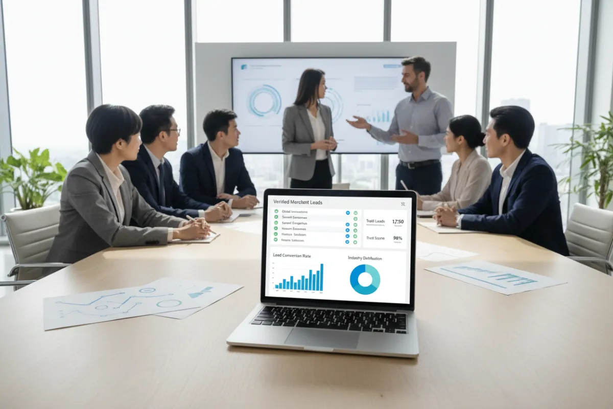 A modern dashboard interface showing a real-time list of verified merchant leads, with charts and analytics, viewed on a laptop in a bright office. The scene includes a diverse group of business professionals collaborating, emphasizing efficiency and trust. 3:2 aspect ratio.