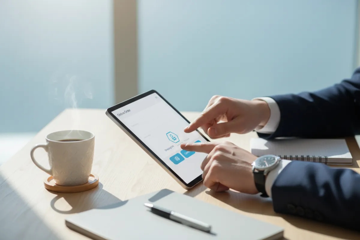 A close-up of a business professional's hands completing an online order form on a tablet, with a coffee cup and notepad nearby. The workspace is bright and organized, conveying speed and simplicity. 3:2 aspect ratio.