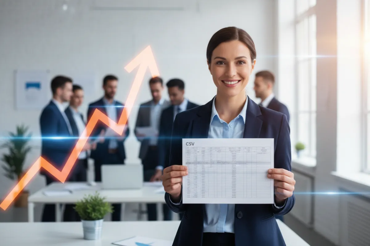 Confident sales agent holding a CSV sheet, team collaborating in background