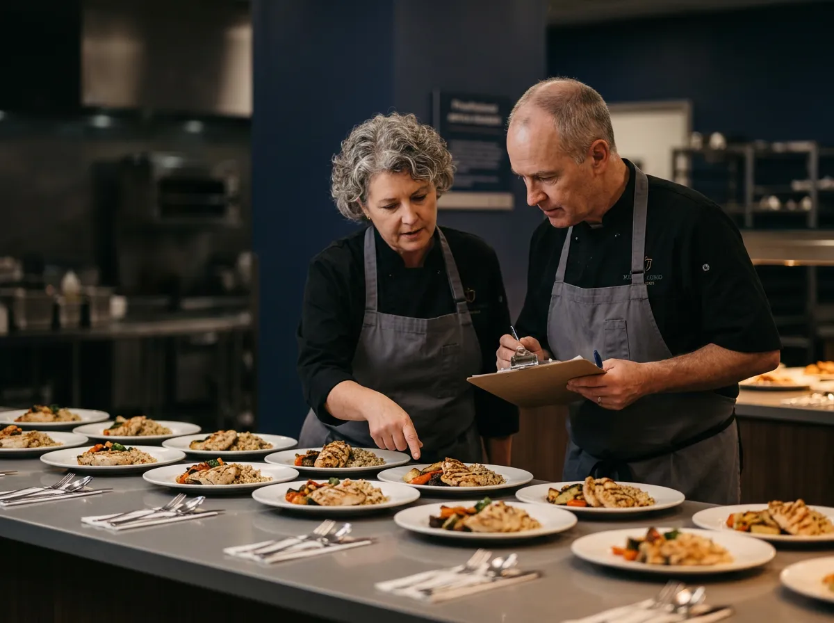 Executive head chef and catering operations manager inspecting plated institutional service standards