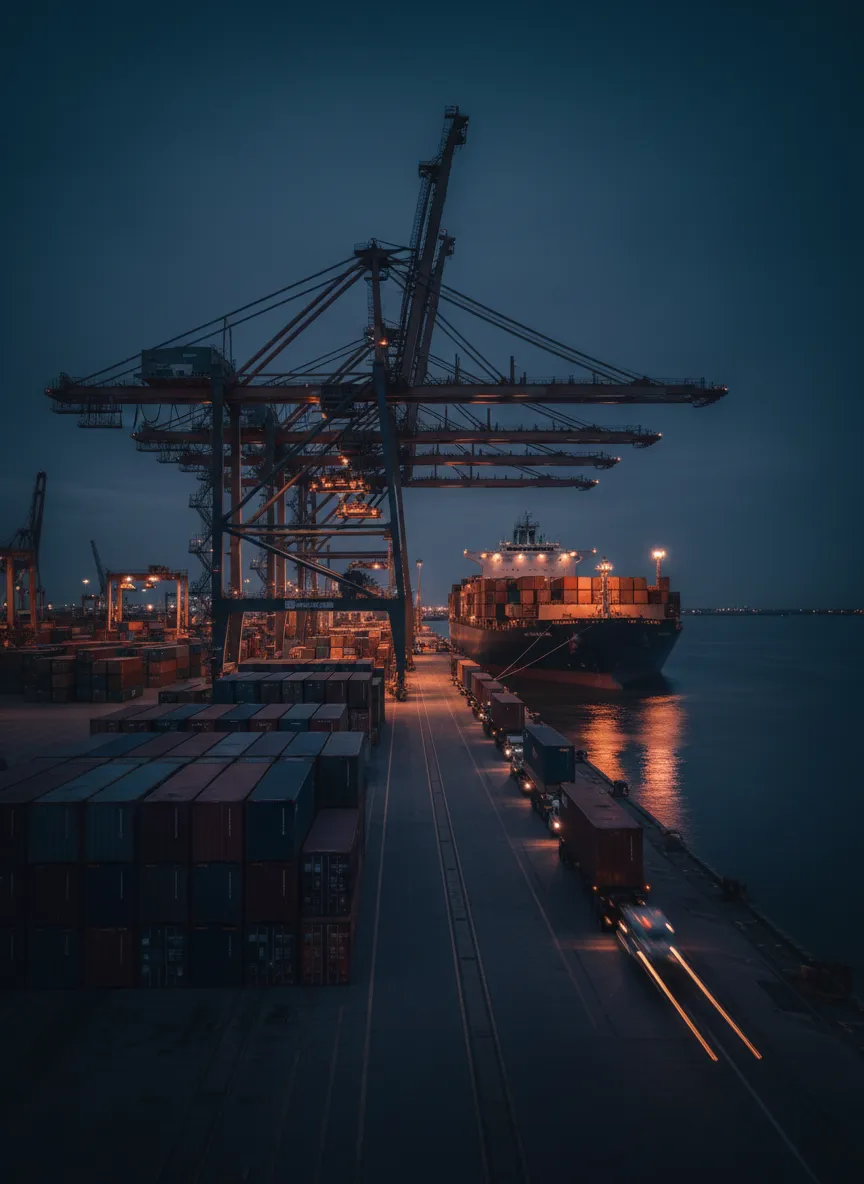 Commercial shipping port terminal at dusk showcasing global logistics