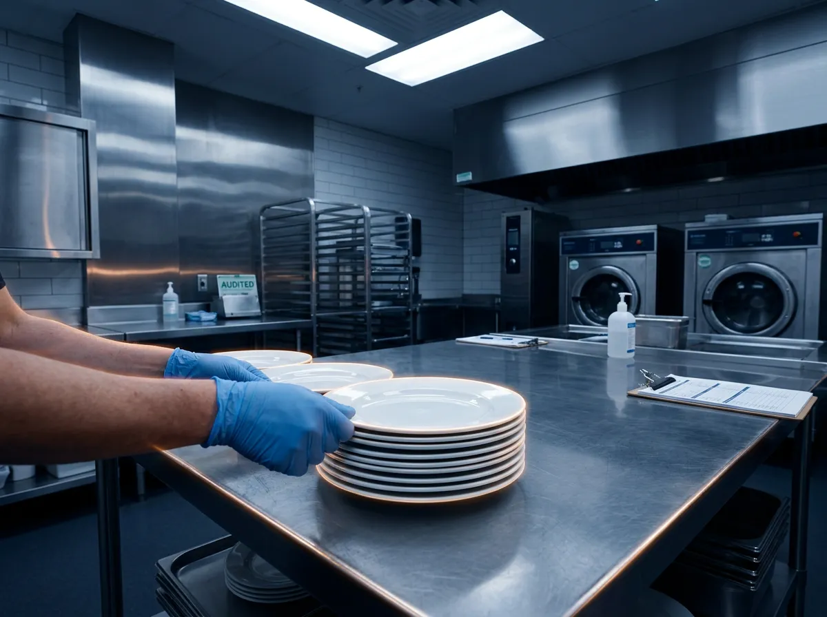 Clinical-grade institutional catering kitchen with spotless stainless steel workstations and audited hygiene measures