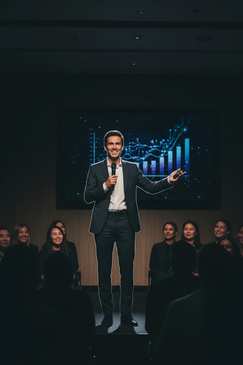 Portrait of a client presenting in front of a small audience, confident stance and clear expression, illustrating increased influence after coaching interventions.