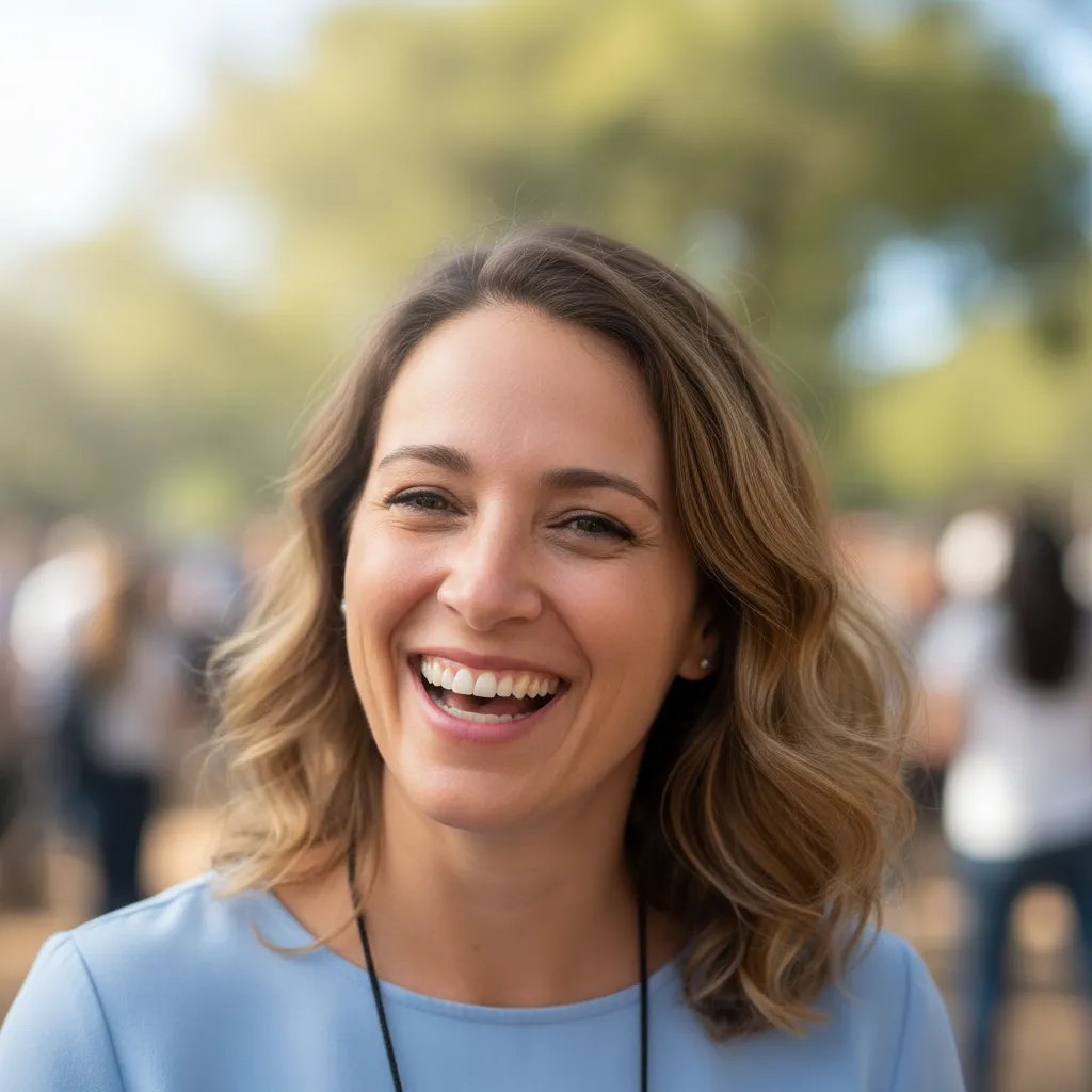 Verified attendee avatar: mid-30s woman with enthusiastic smile, soft natural light