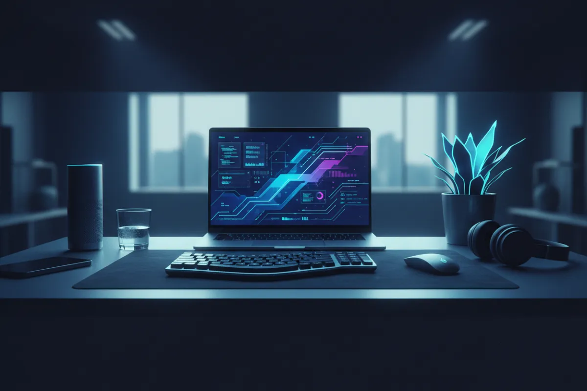 Hero cover: modern remote worker desk with a laptop displaying code-like AI dashboards, photorealistic, deep navy and cyan color palette