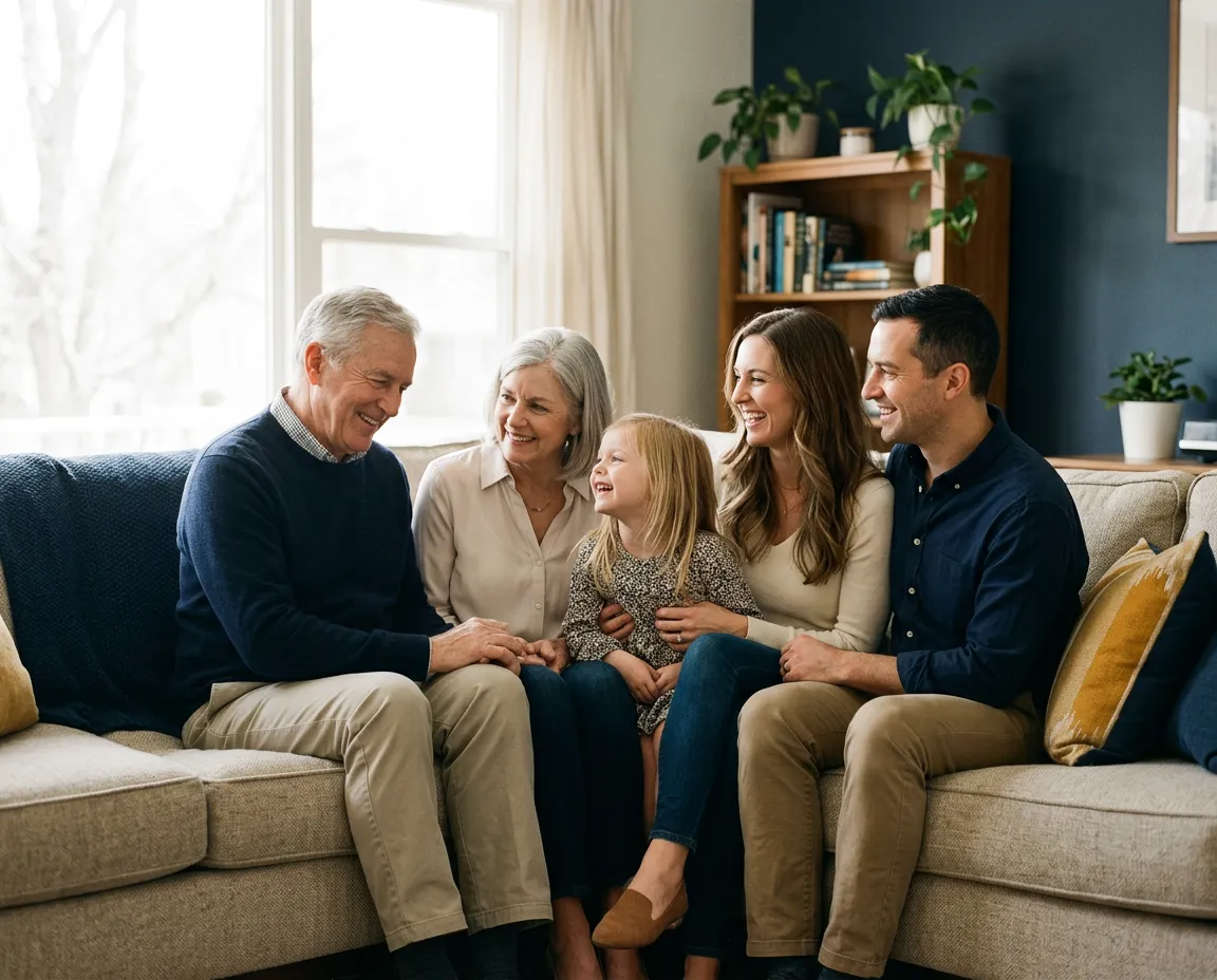 A happy multi-generational family relaxing together at home in a sunlit living room