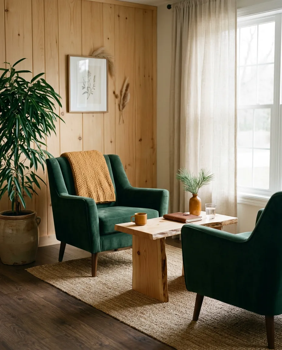 Warm, light-filled modern psychotherapy consultation suite with natural pine finishes and plush armchairs designed for couples therapy
