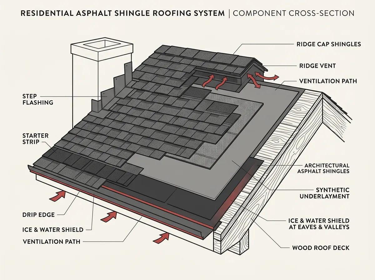 Asphalt shingle roofing system diagram (deck, underlayment, ice & water shield, shingles, ridge cap, ridge vent)