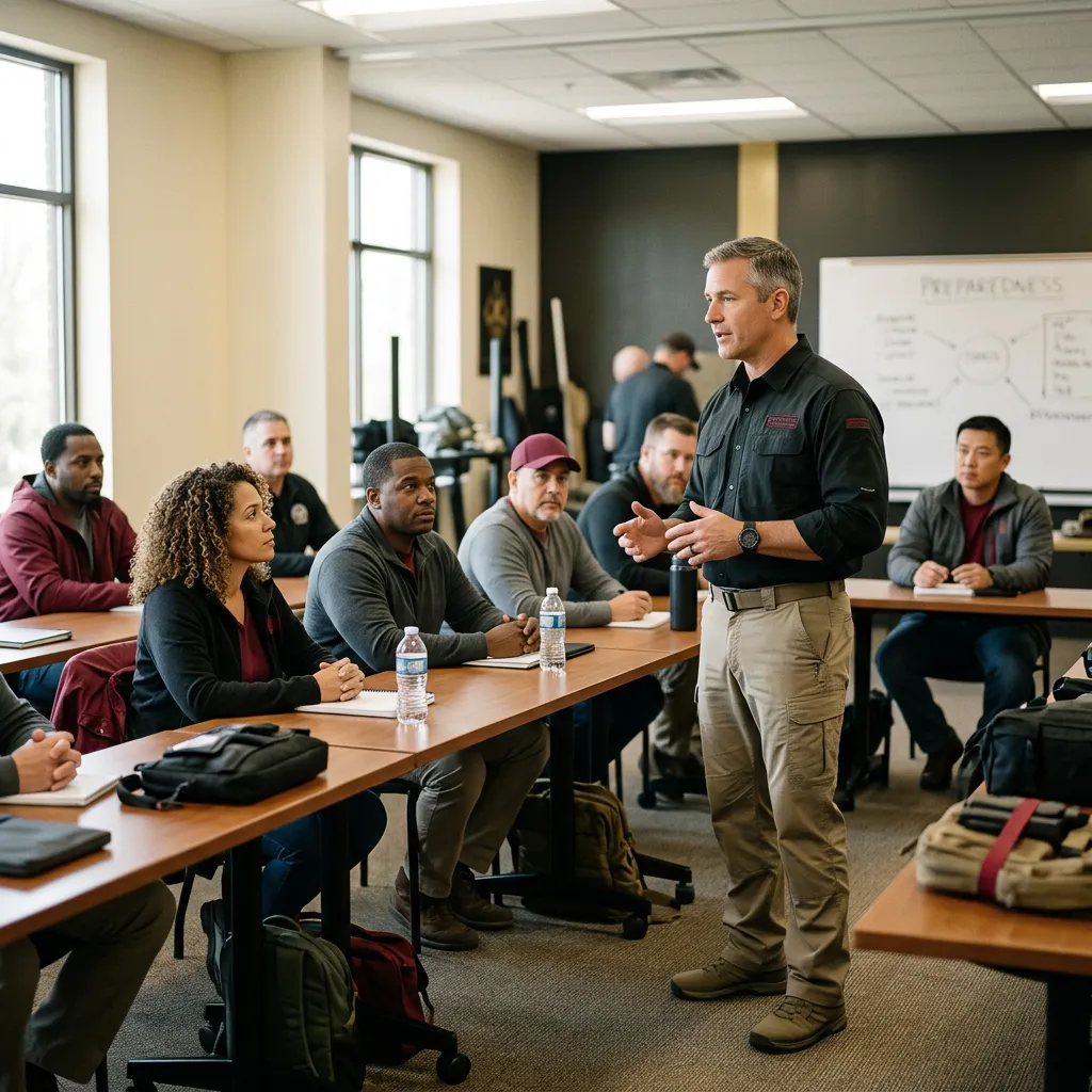 Desaturated, professional classroom setting where instructors teach tactical active threat readiness in an approachable, structured environment