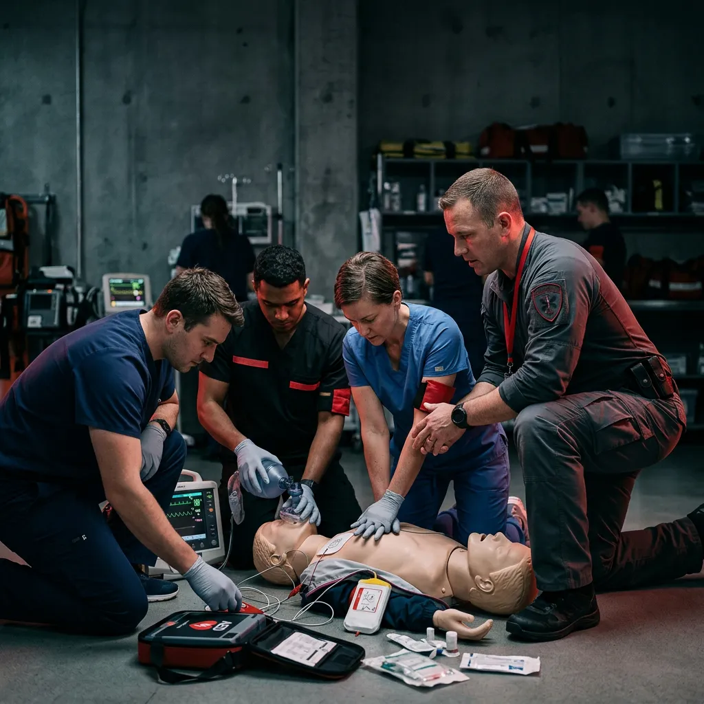 Tactical BLS instructor coaching a clinical resuscitation team on a high-fidelity manikin