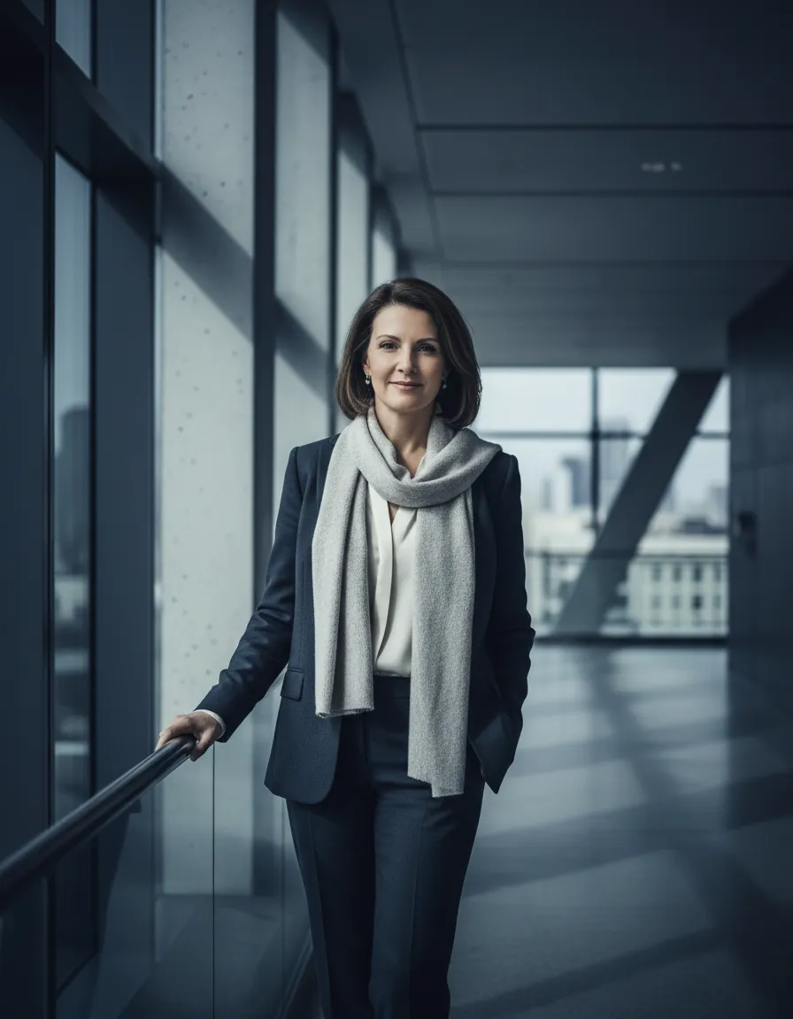 Carolina in an elegant architectural setting, with a confident and serene expression.