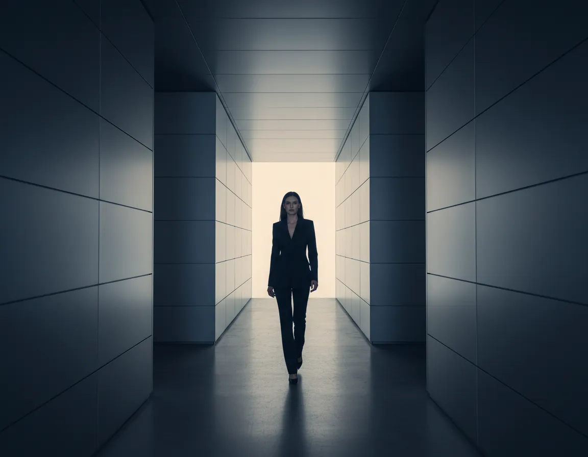 Editorial image of Carolina walking toward the light in a minimalist architectural space.