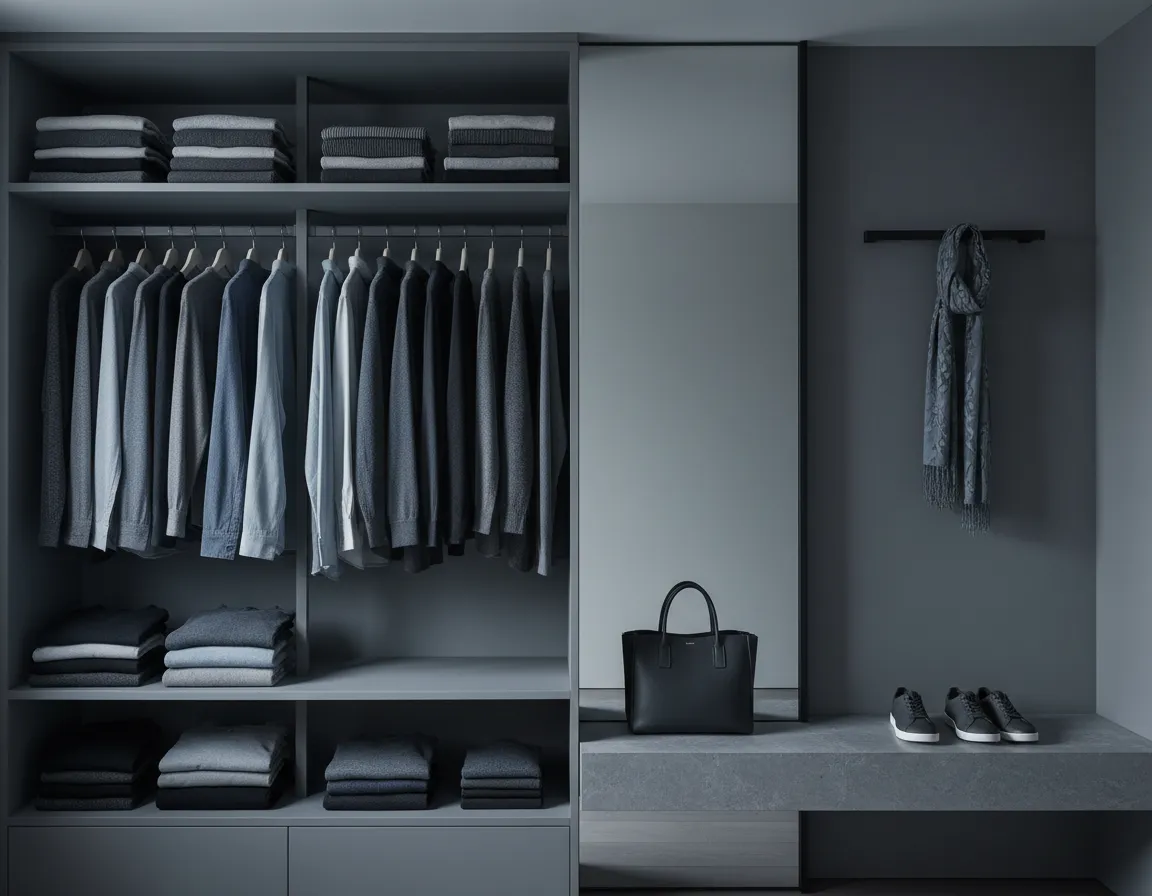 A neatly organized closet and space with clean lines and a neutral palette.
