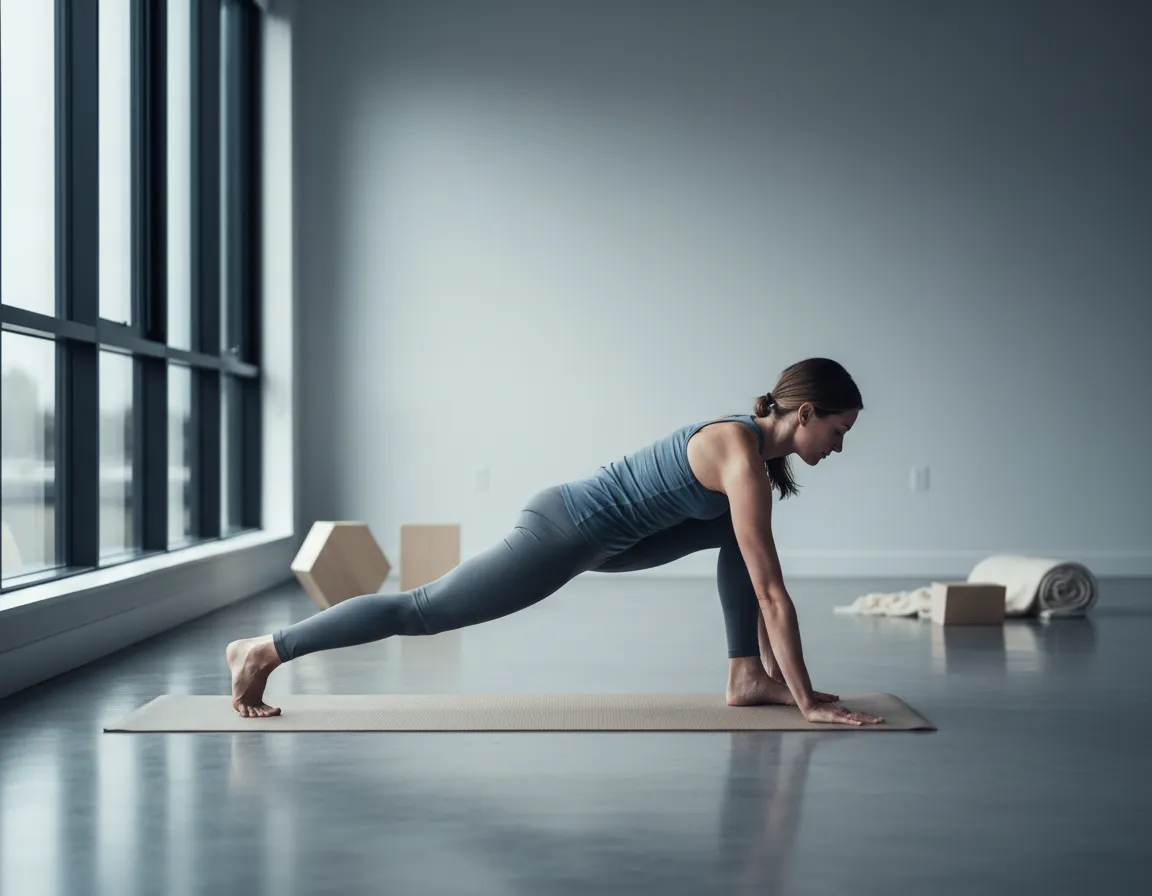 Fluid movement and stretching in a bright, minimalist space.