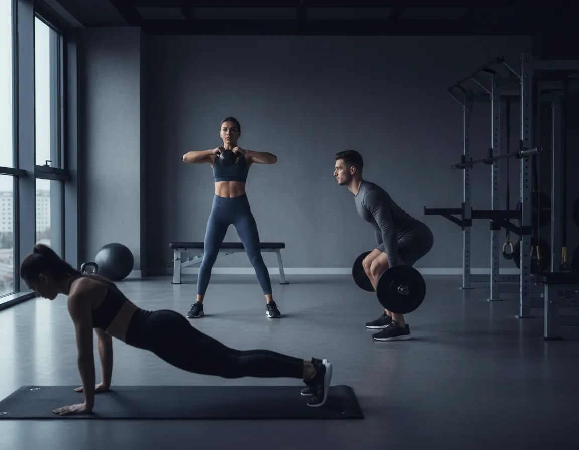 Alunos treinando com foco em ambiente clean e controlado.