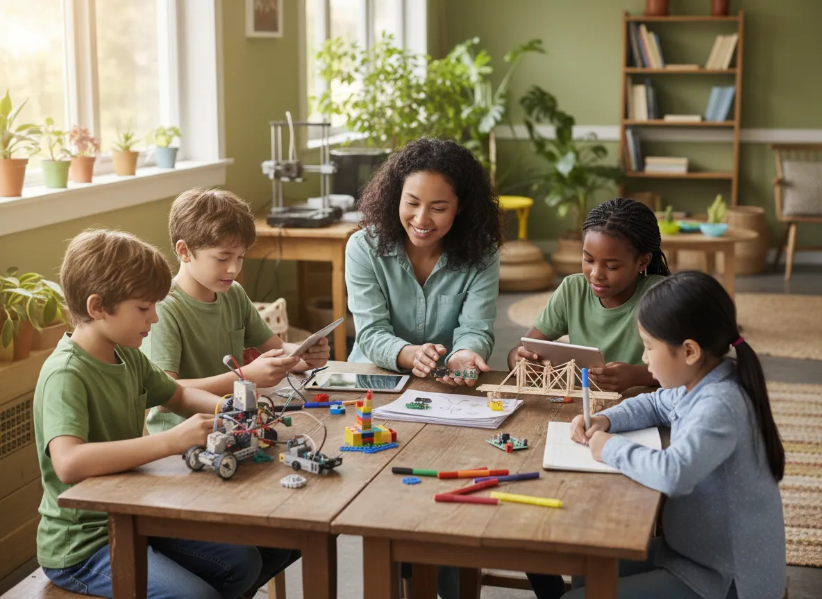 Kids and parents collaborating in a homeschool hub classroom