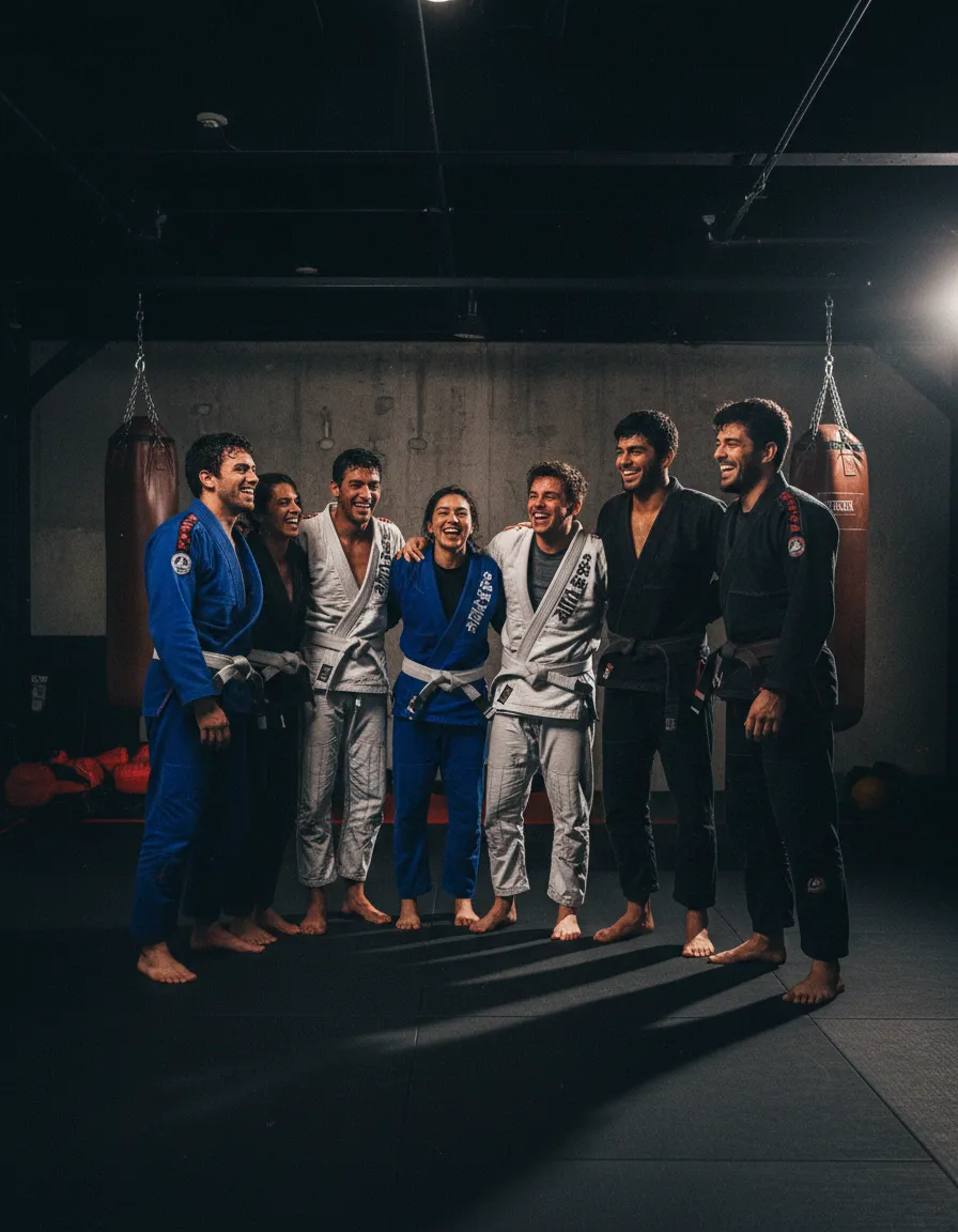 Students sweating and smiling after an intense BJJ training session
