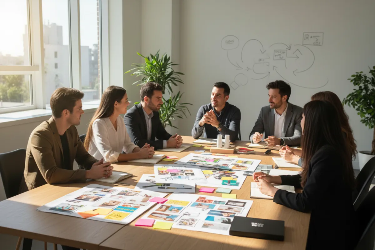 A creative workspace with vision boards, sticky notes, and a group of entrepreneurs brainstorming cult brand strategies together, filled with energy and collaboration.