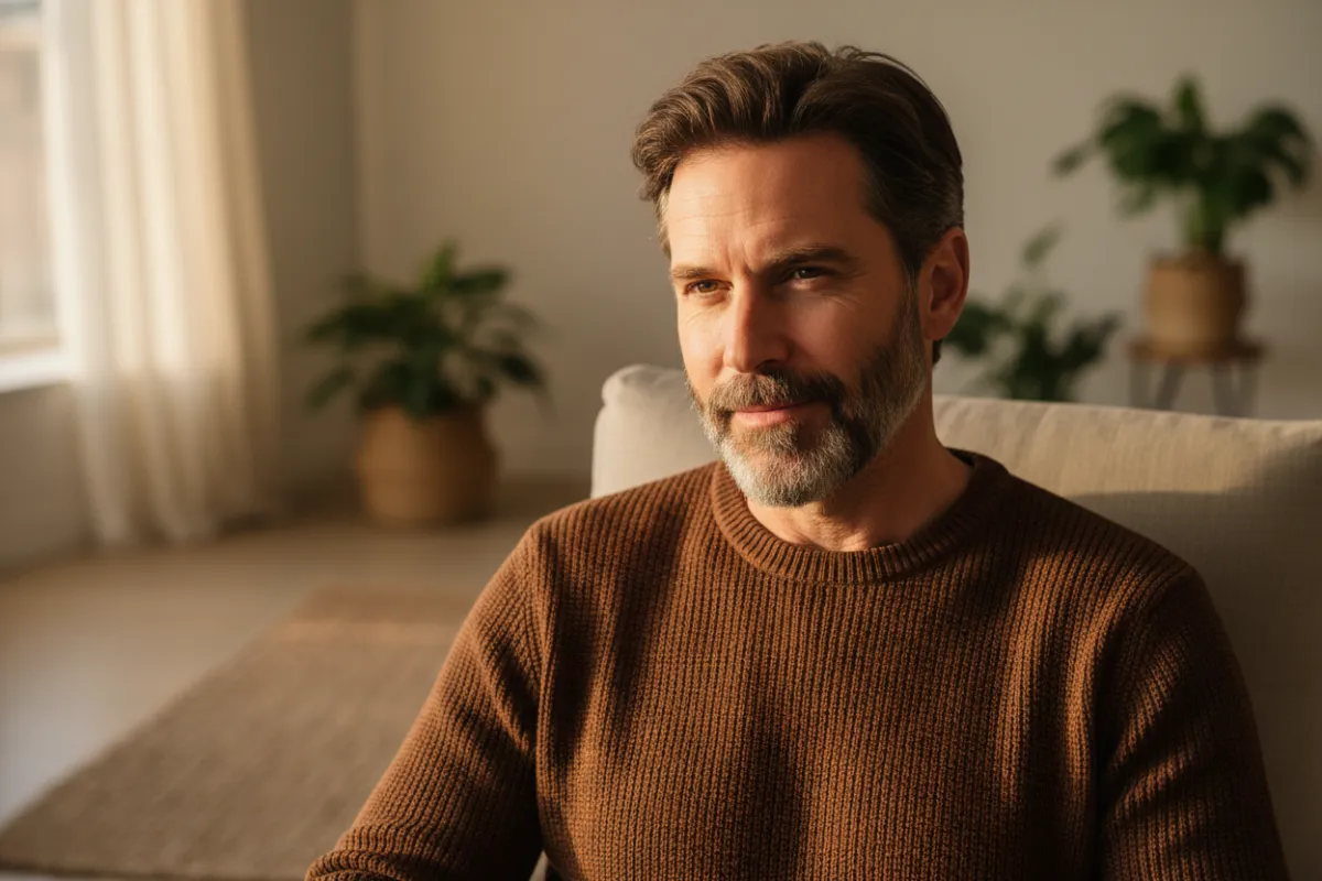 masculine mid-40s man at home