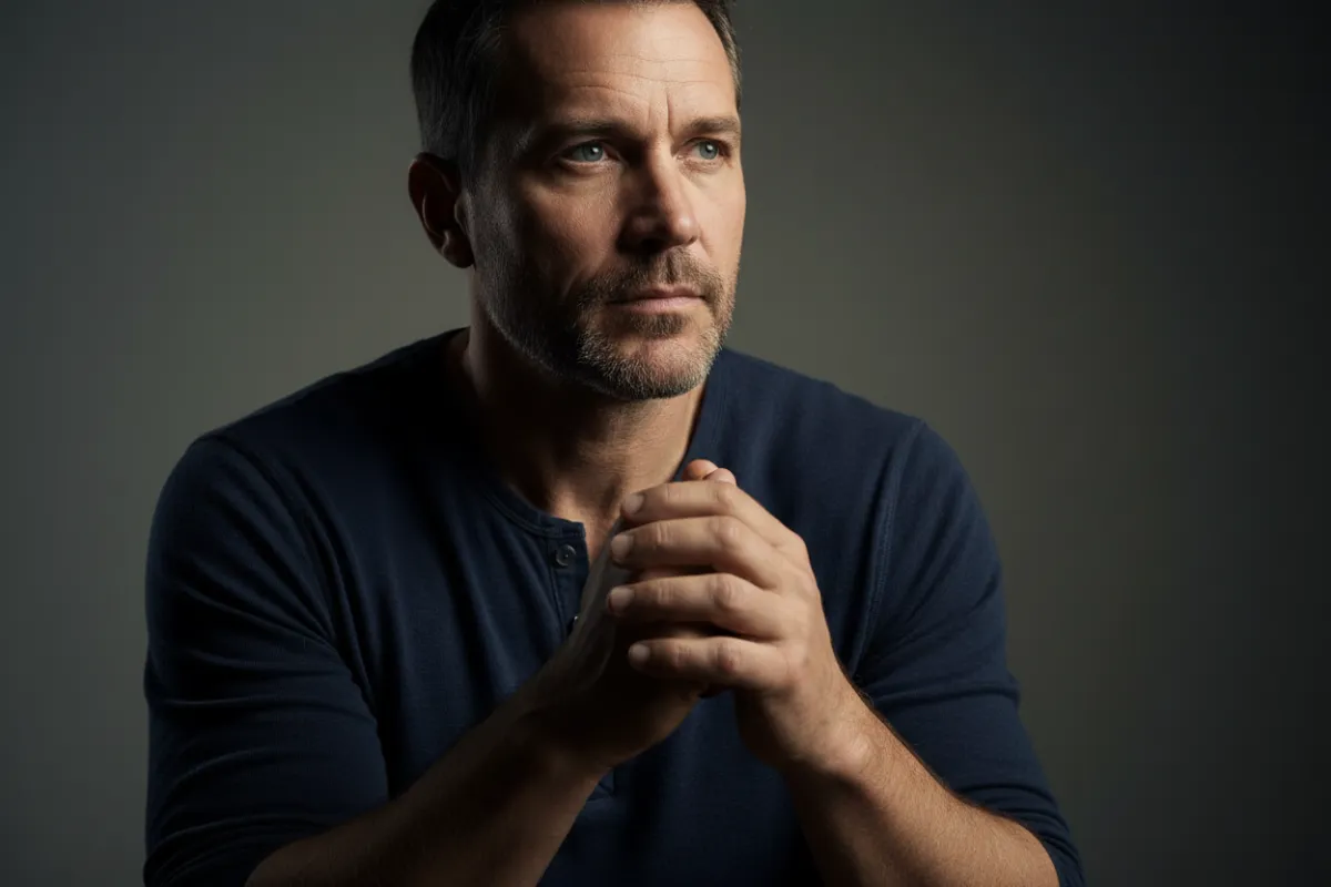 Man in his 40s in a contemplative setting