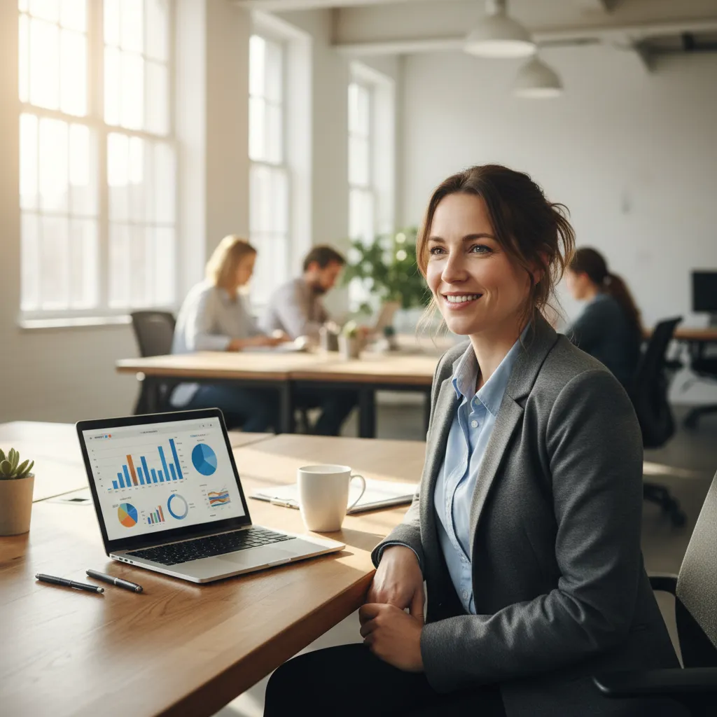 A modern desk scene with a laptop showing a colorful marketing dashboard, hands pointing at charts, natural morning light through windows, shallow depth of field, photorealistic 3:2 landscape emphasizing data-driven decisions and collaboration.