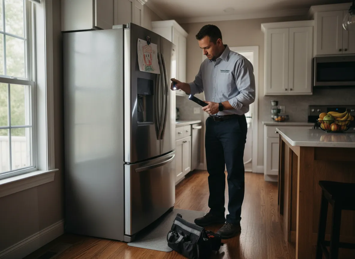 Technician checking the back of a refrigerator