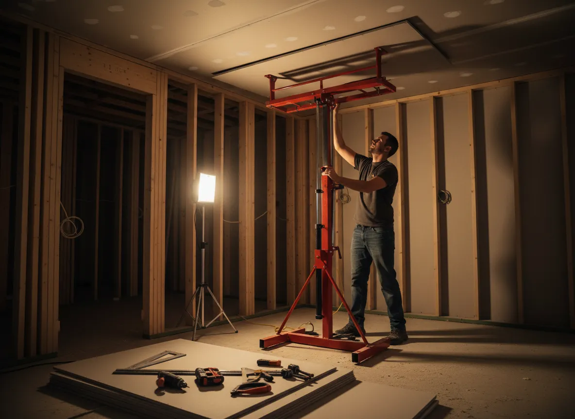 Worker installing drywall sheets on a ceiling