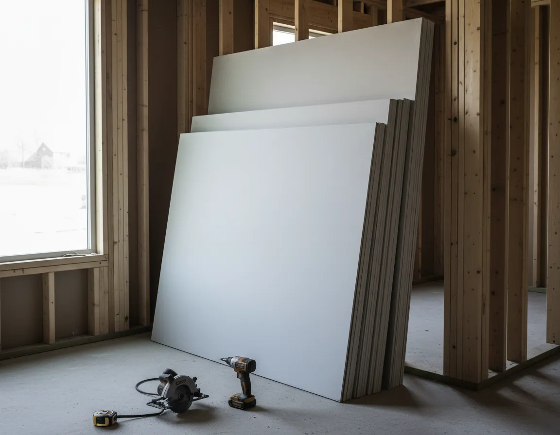 Drywall panels stacked and ready for installation