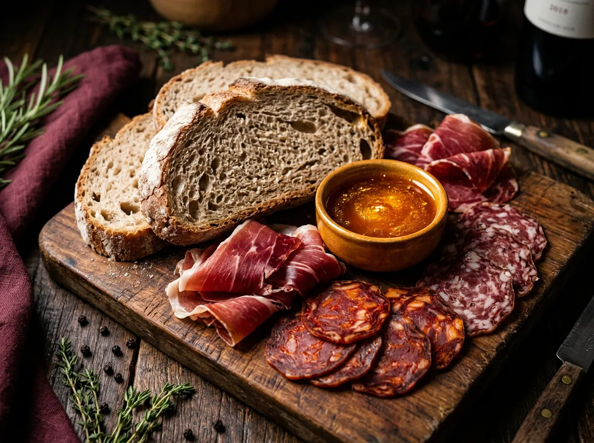 Seleção de carnes nobres, enchidos artesanais e pão de forma rústico