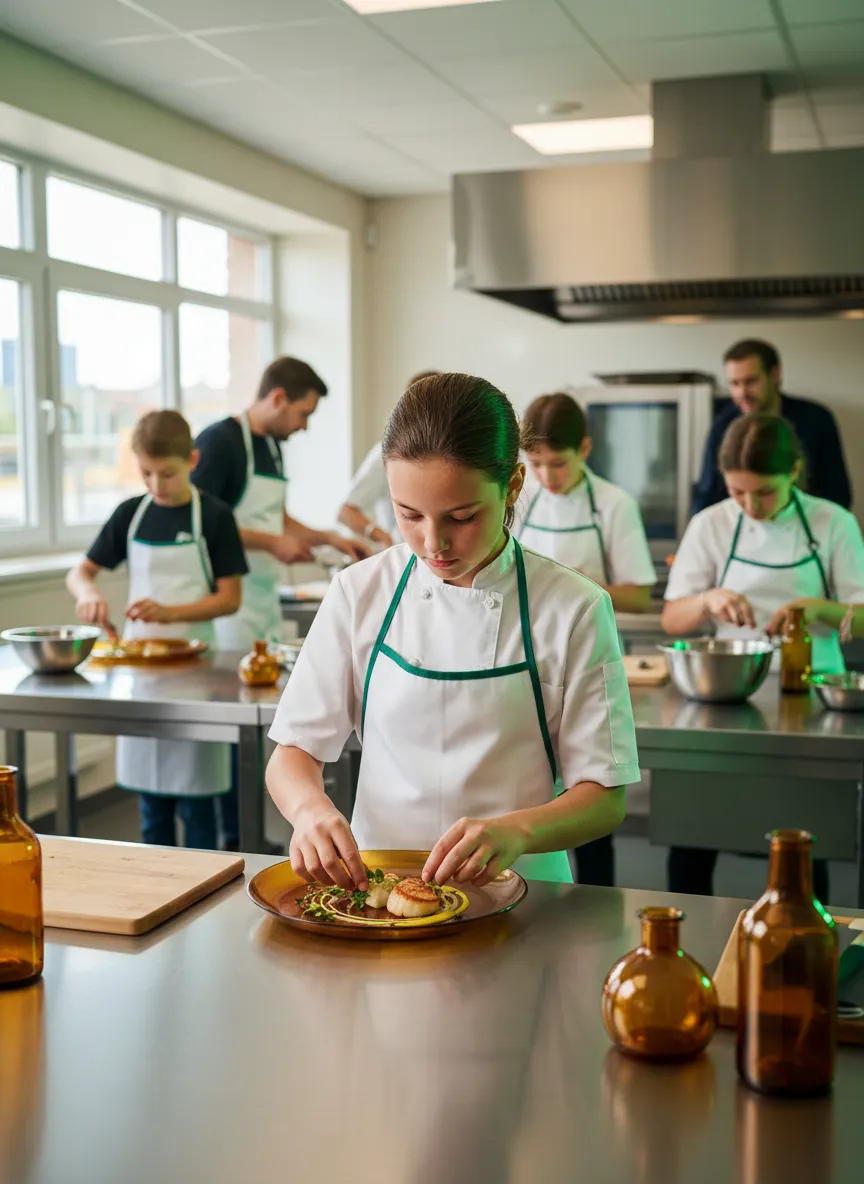 Crianças e adolescentes a cozinhar numa cozinha profissional da Aesacademy, com foco e dedicação.