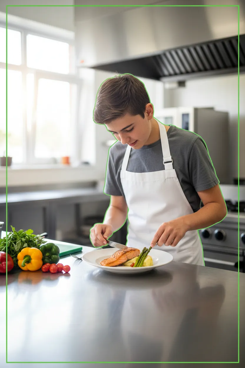 Teenager plating a dish with focus and pride in a professional kitchen