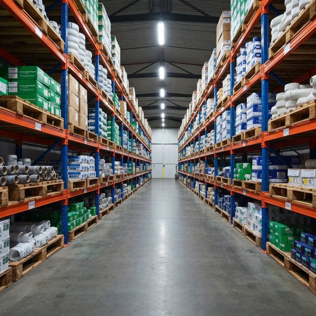 Fully stocked shelves with plumbing and trade supplies