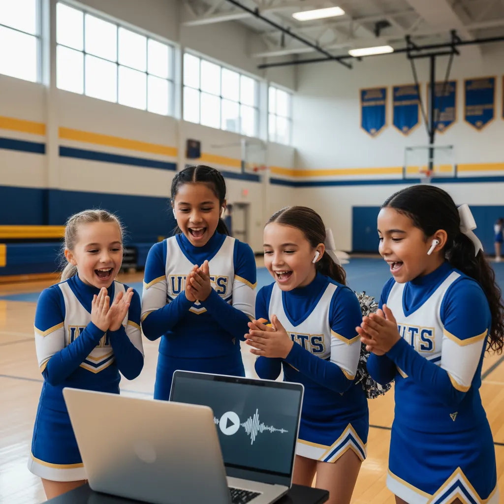 A group of young cheerleaders gathered around a laptop, listening to a music mix with excited expressions. The background is a bright, modern gym. The composition is candid and lively, 1:1 aspect ratio.