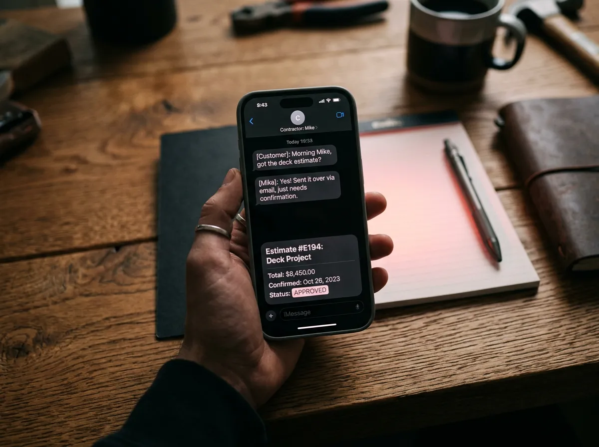 Customer smartphone view displaying quick SMS conversation and estimate confirmation from local service company