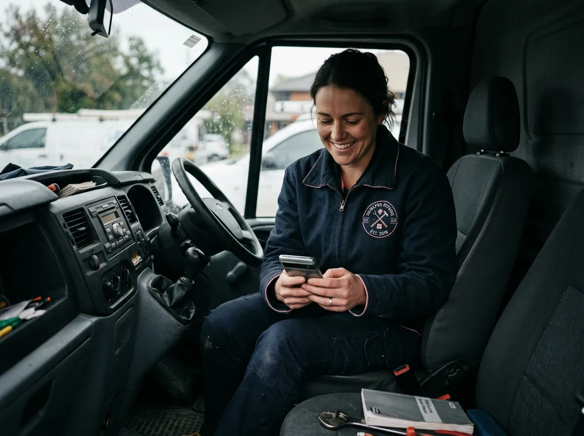 Local trade service professional in work vehicle checking recovered SMS lead notifications on mobile