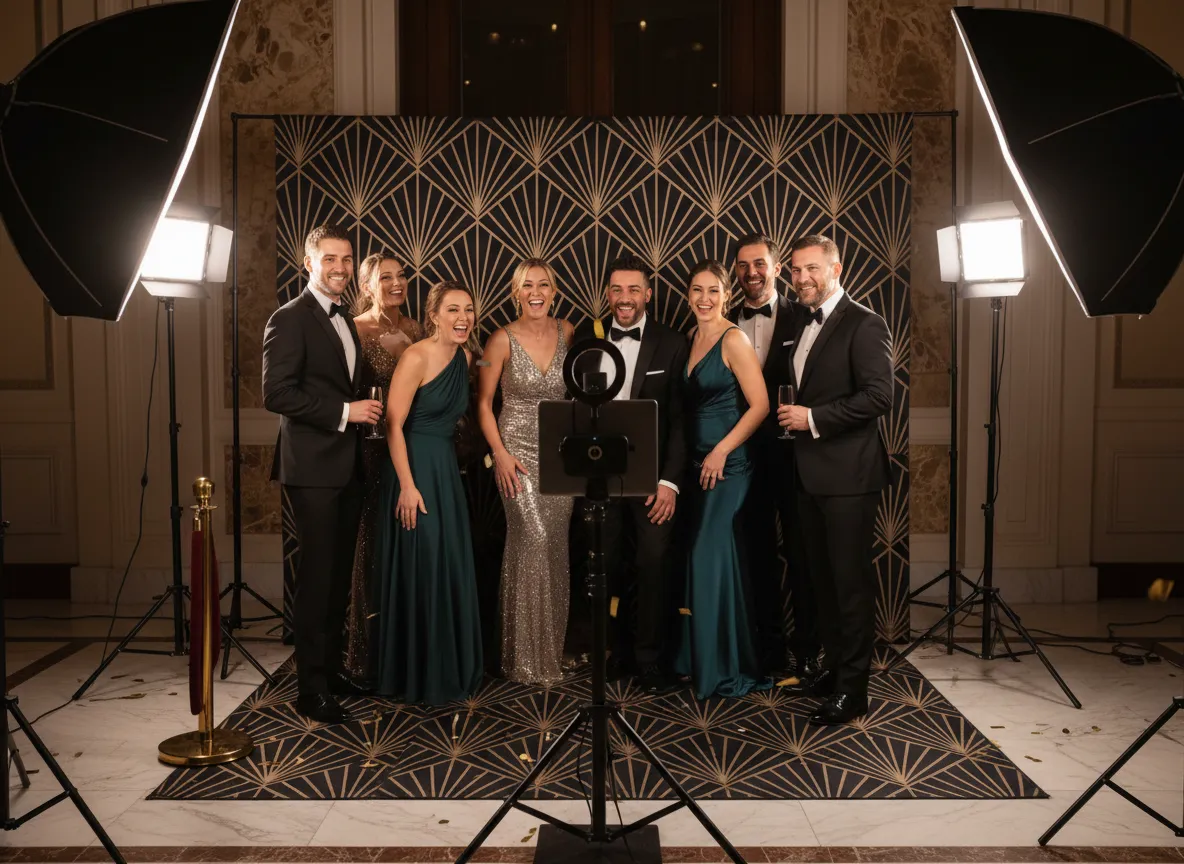 Guests enjoying a luxury black and gold photobooth experience