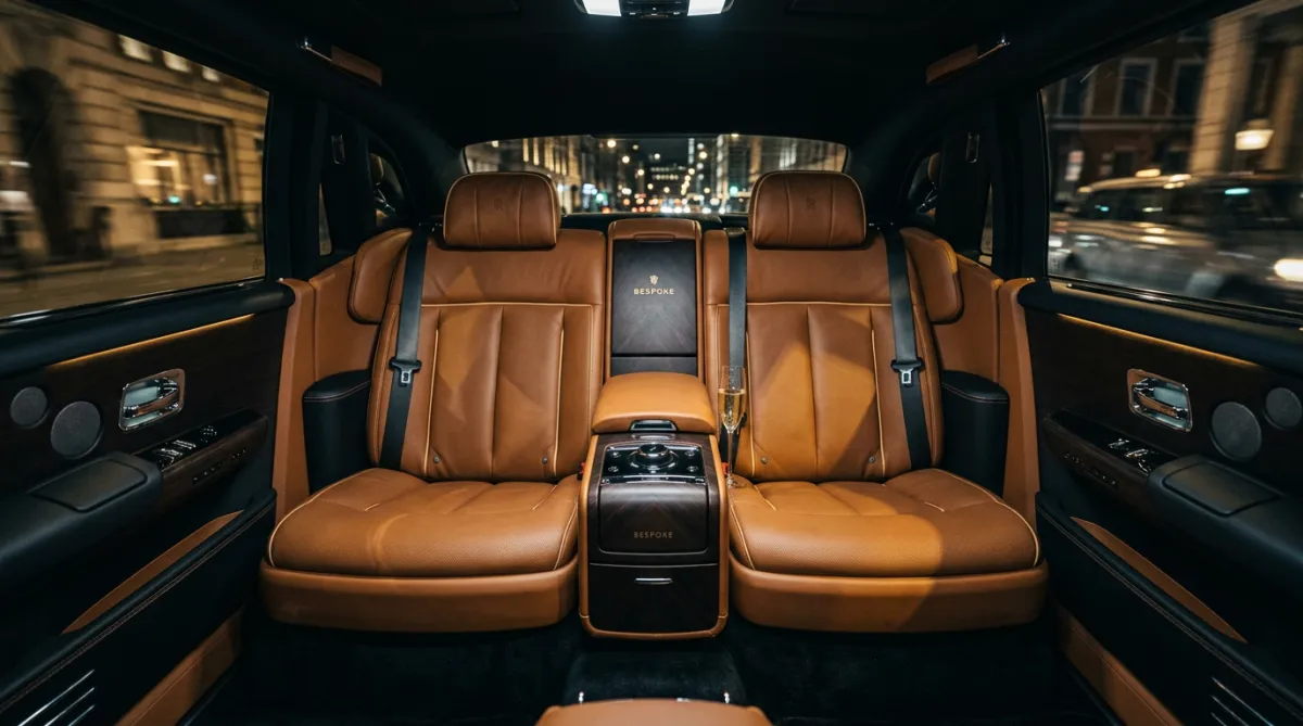 Bespoke handcrafted leather cabin interior of a private luxury sedan