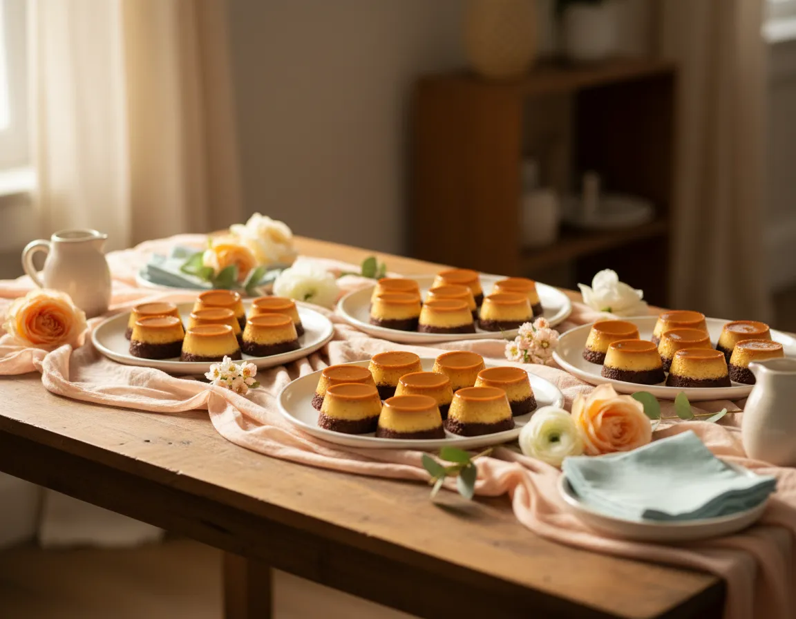 Mini flans and chocoflan arranged on a dessert table
