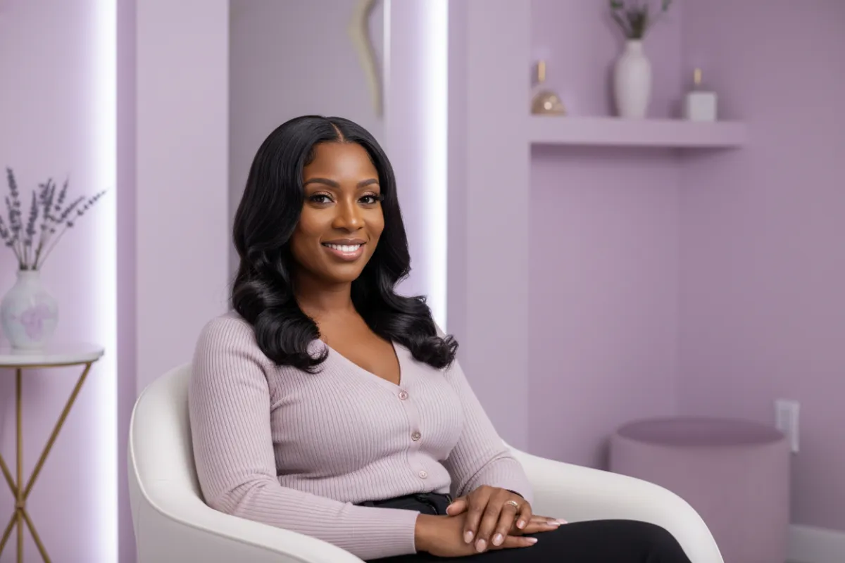 Black woman with a flawless Quickweave hairstyle, smiling confidently in a modern salon setting, soft pink and coral tones, 3:2 aspect ratio