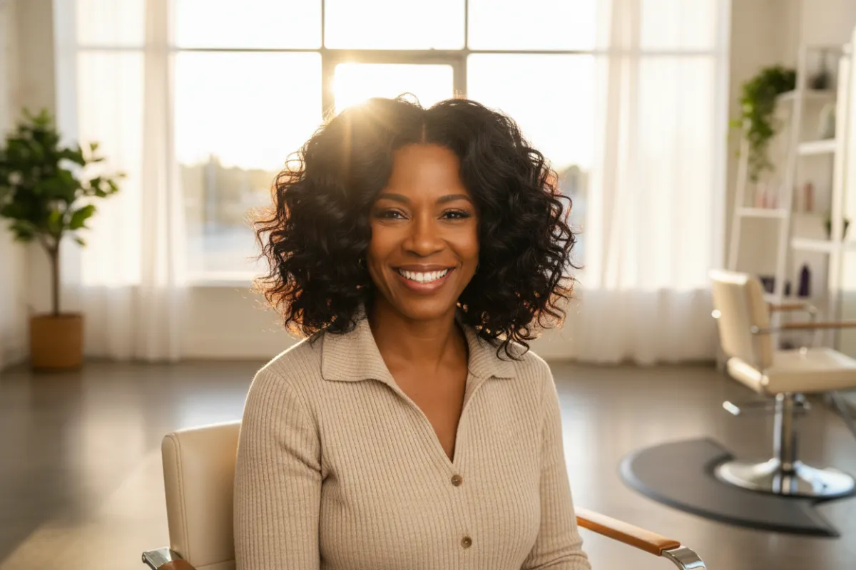 Voluminous Quickweave bob on a Black woman, bright salon, 3:2 aspect ratio