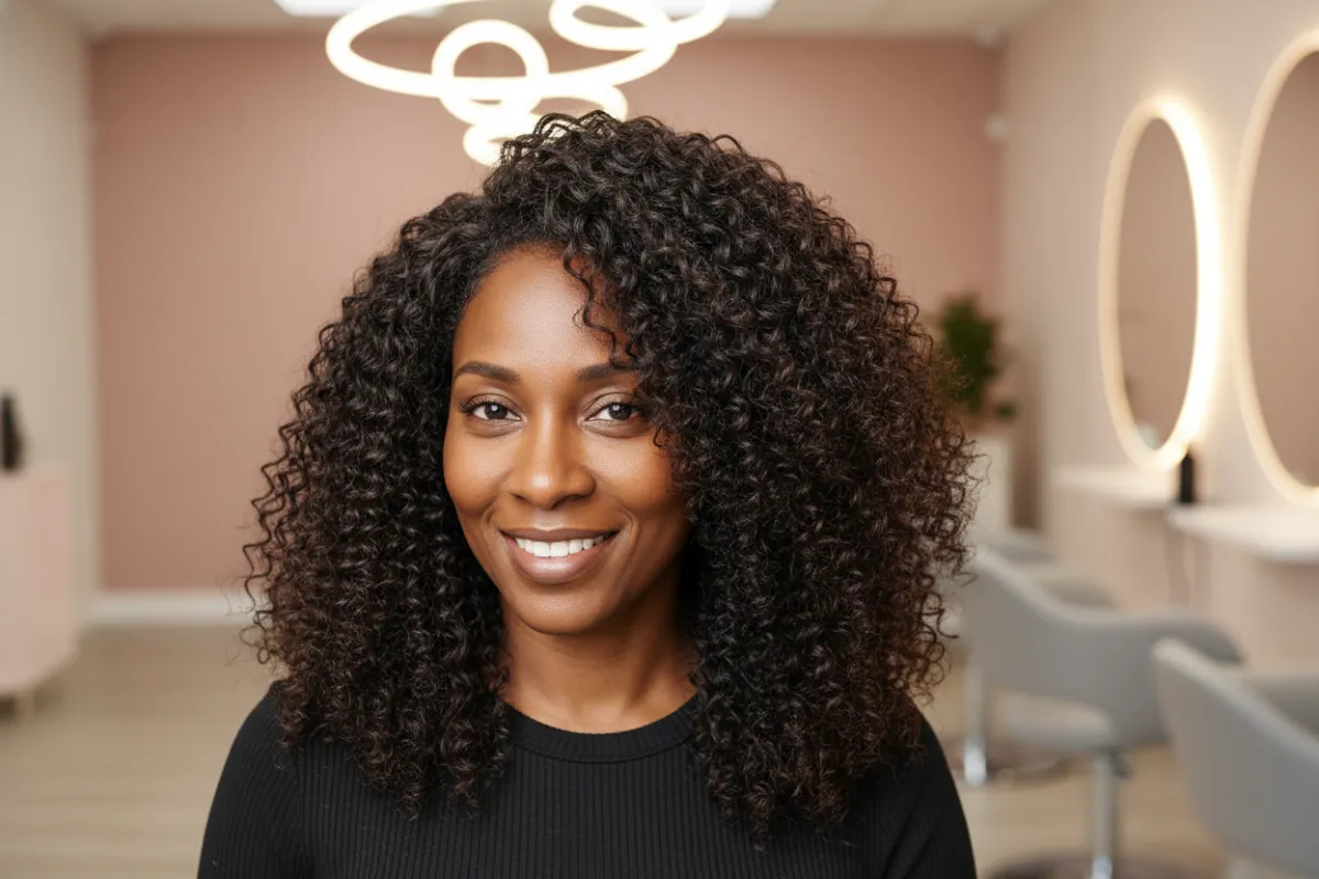 Elegant Quickweave with soft curls on a Black woman, salon background, 3:2 aspect ratio