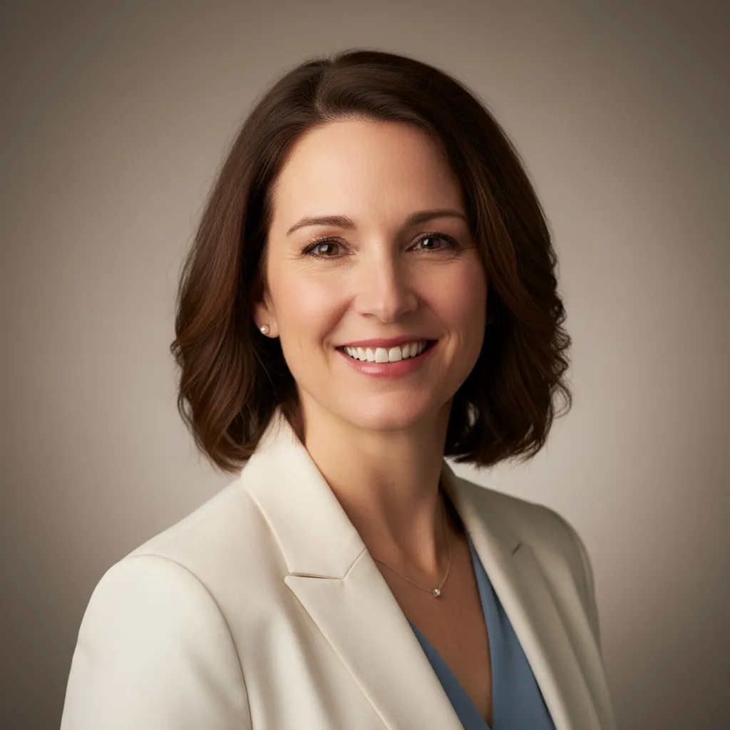 Headshot of a smiling small business owner, Maya R., in business-casual attire.