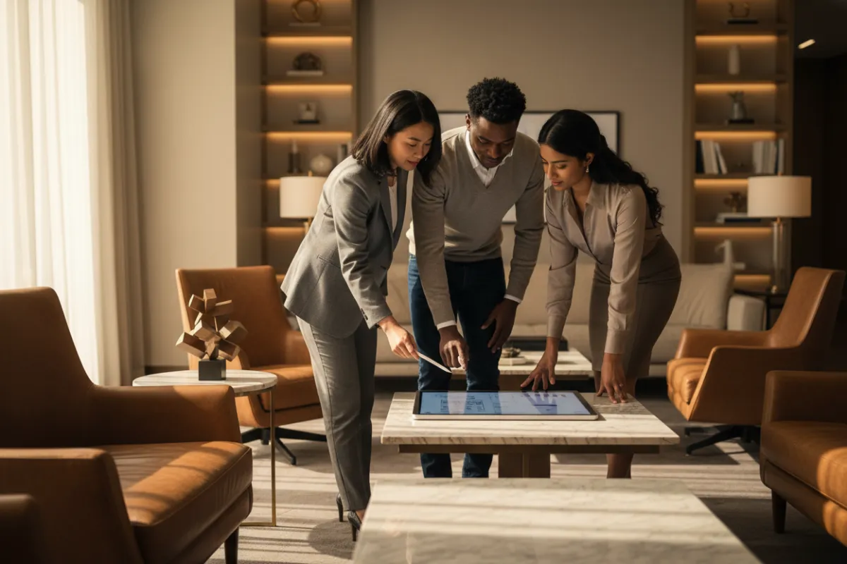 Three diverse agency strategists collaborating around a tablet in a refined office lounge with leather seating and marble surfaces, warm directional light, photorealistic premium brand aesthetic.