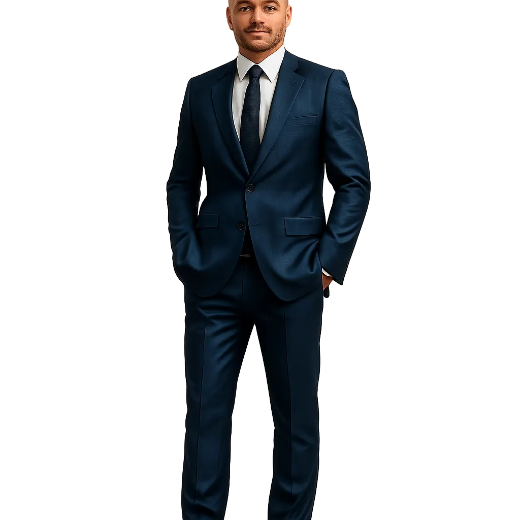 Confident entrepreneur in a tailored navy suit, full-body, on a light background.