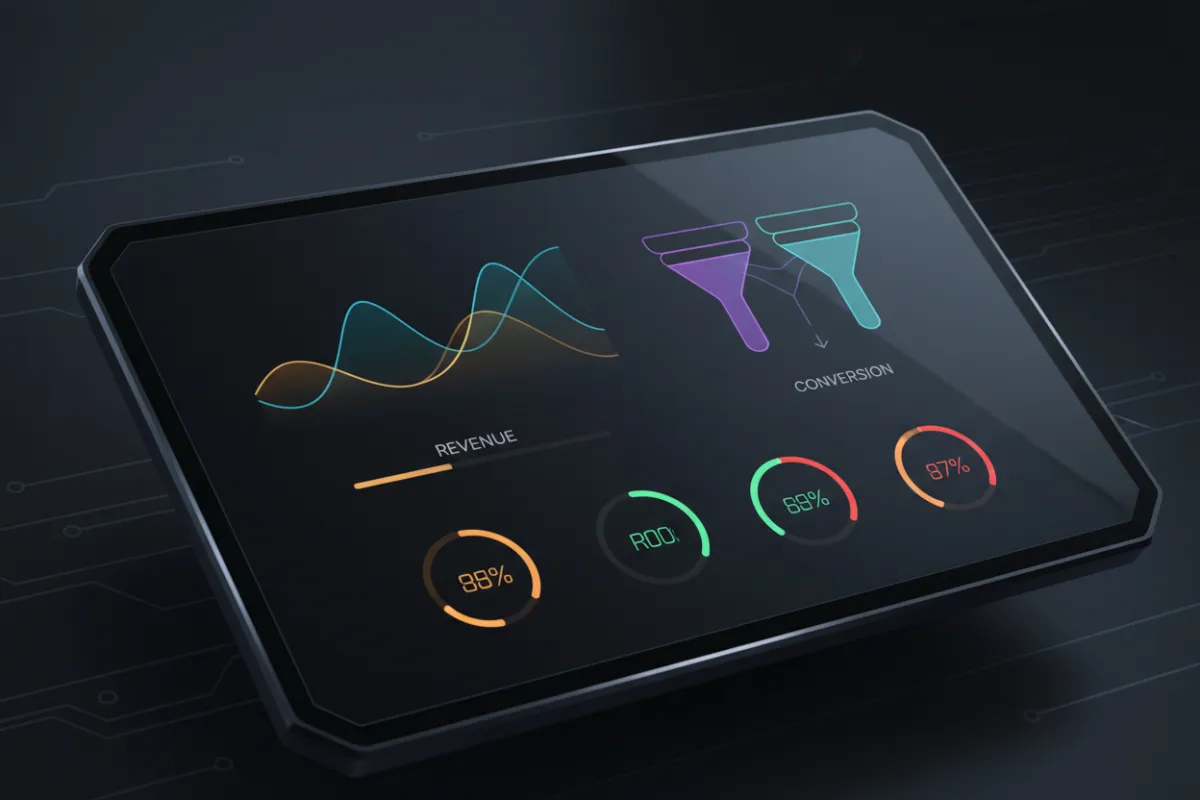 High-resolution marketing dashboard showing revenue graphs, conversion funnels, and campaign KPIs.