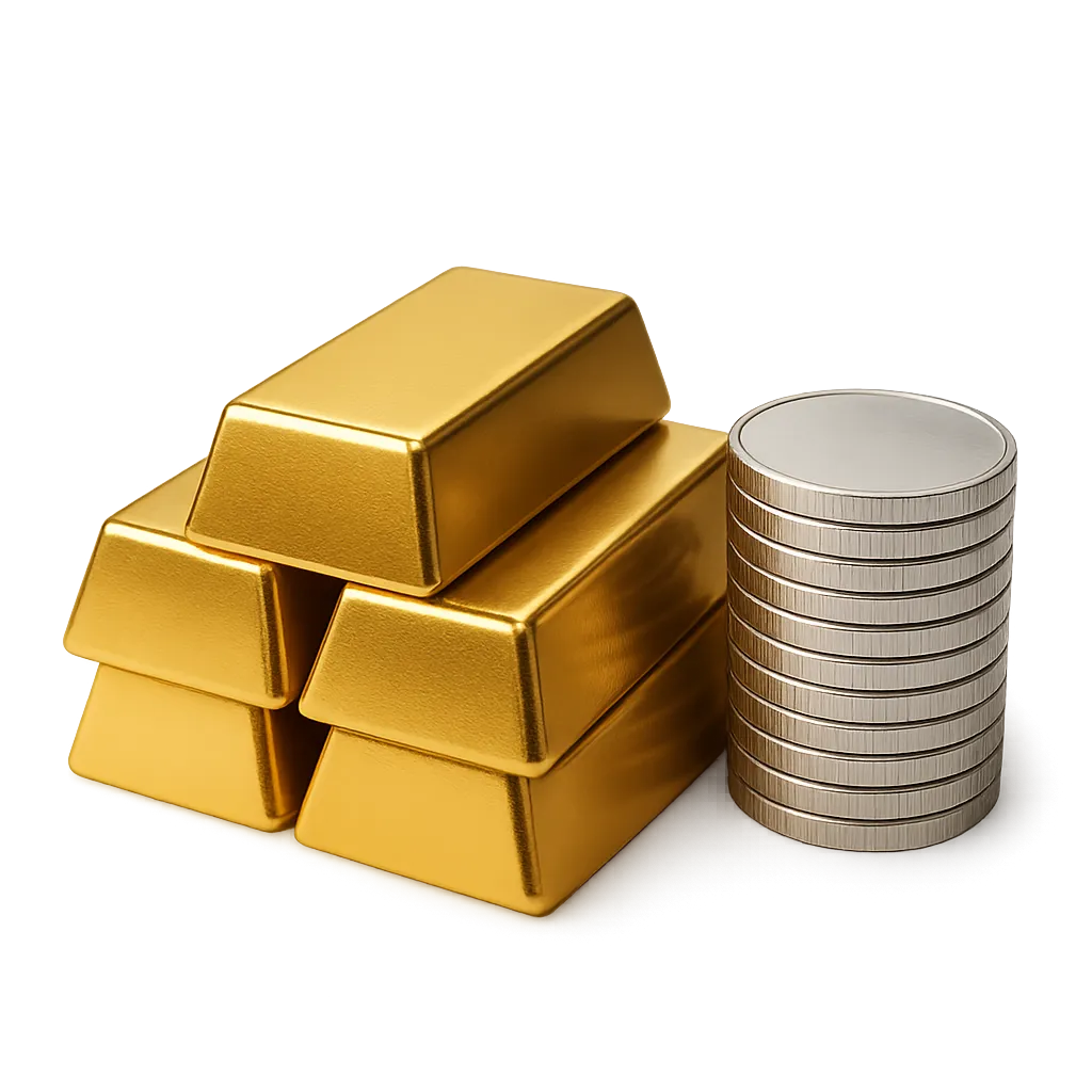 Gold bars and silver coins